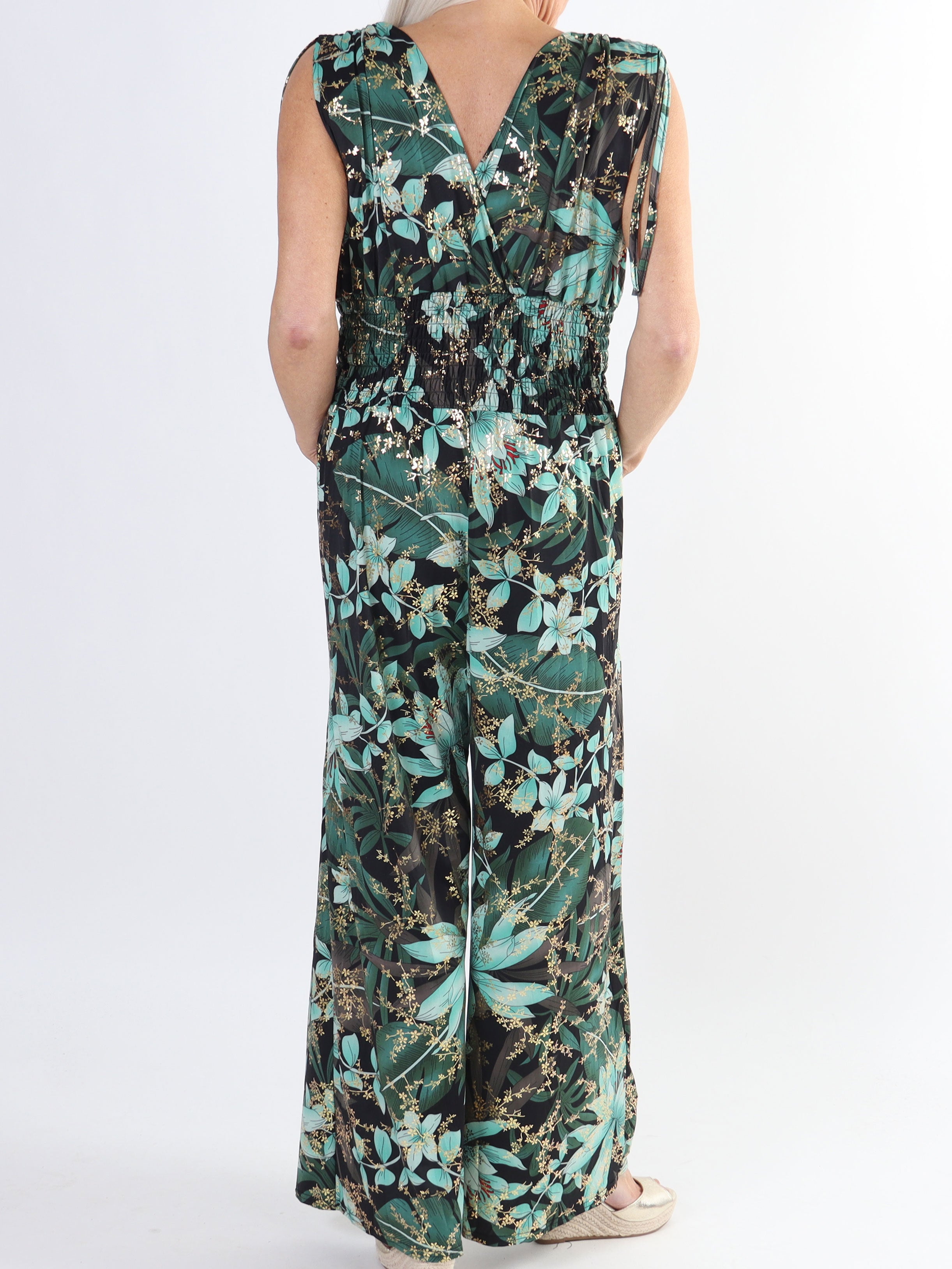 Pams Jumpsuit N/S - Elastisk plus size buksedragt med bladmønster